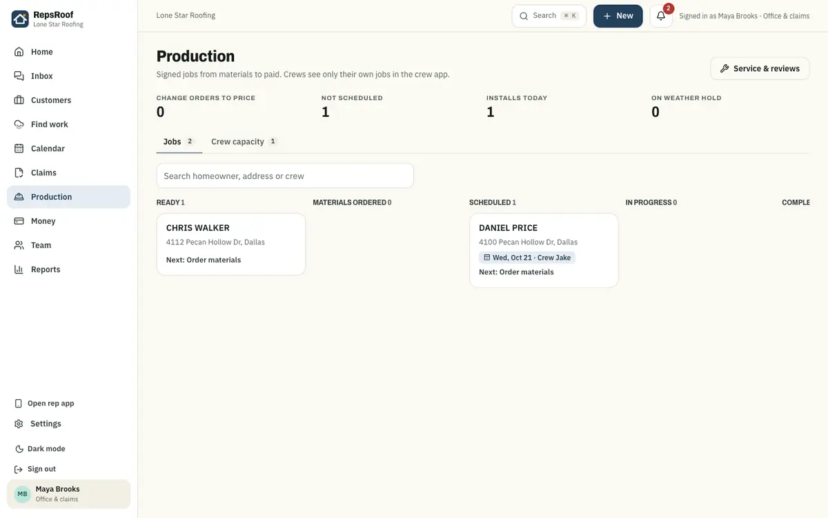 Production board: signed jobs from ready to scheduled, with crew and install date