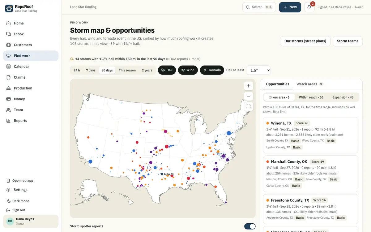 Storm map and opportunities: storms ranked by how much roofing work they create near Dallas
