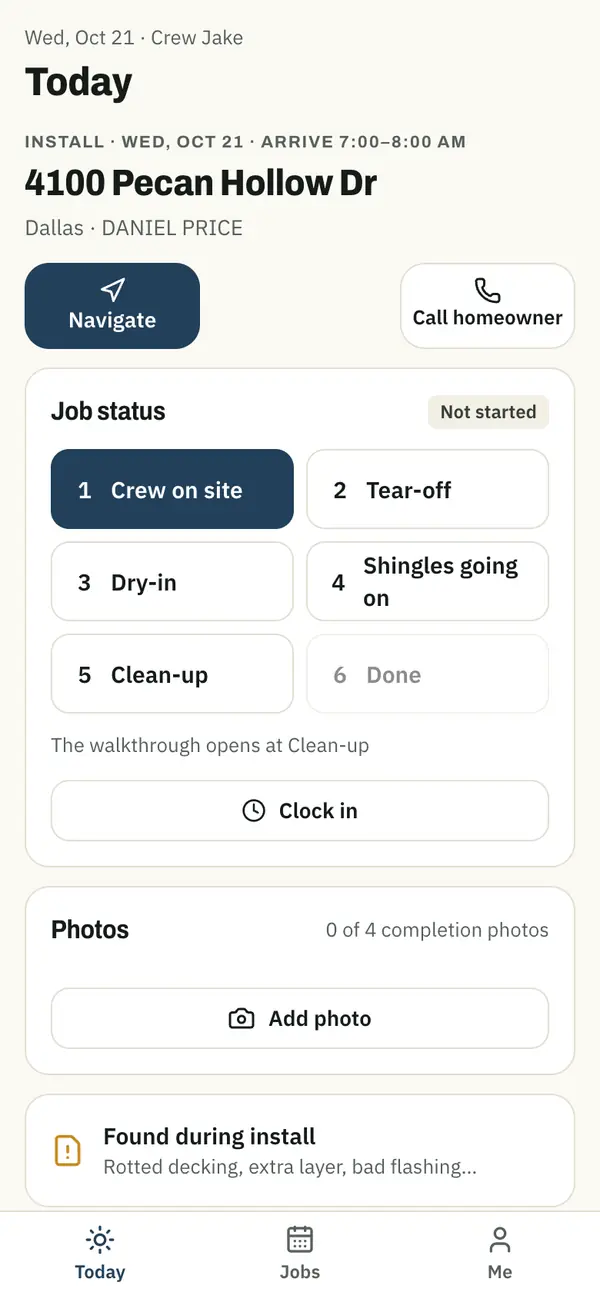 Crew app: today's install with arrival window, job status steps and photos