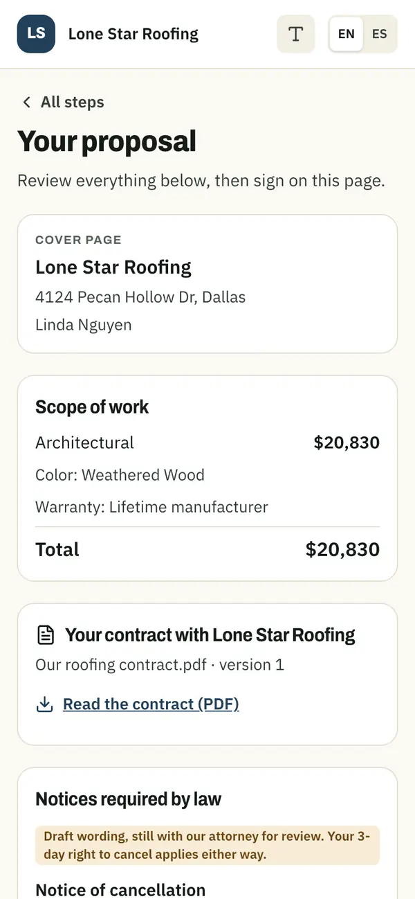 Homeowner proposal page: scope, price, the company's own contract and a sign button