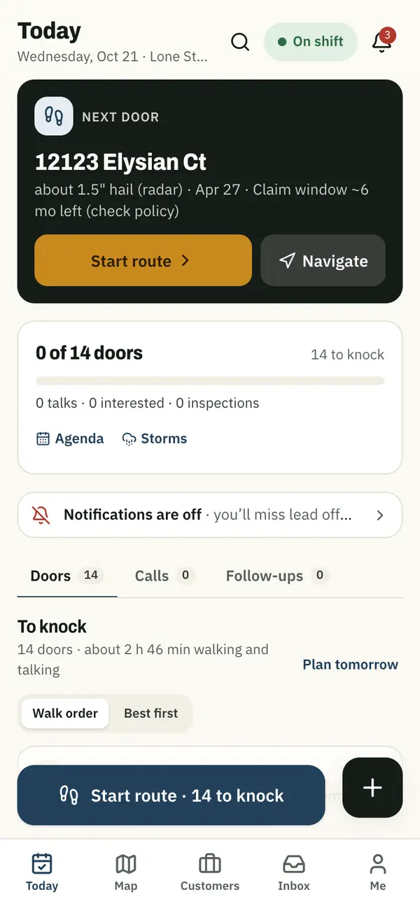 Rep Today screen with the next door and a Start route button